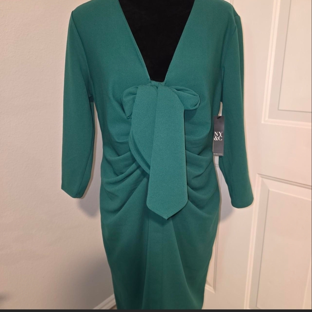 New York & Company Teal Long Sleeve V-Neck Tie-Front Sheath Dress